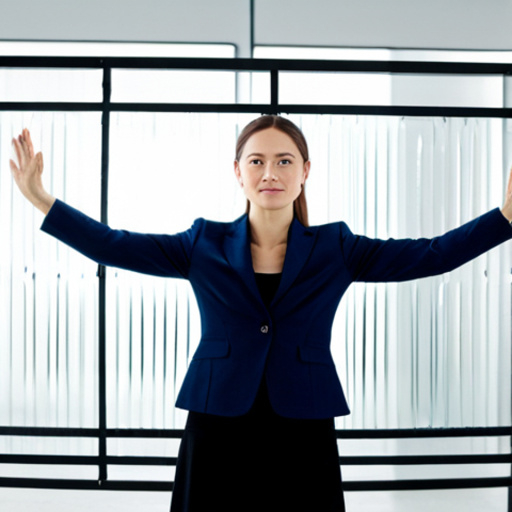 A professional individual, fully clothed in a modest business casual outfit, stands confidently with arms slightly raised, appearing to push through an invisible, shimmering barrier. The space behind the barrier is dimly lit and indistinct, symbolizing past limitations, while the area beyond it is bathed in clear, bright light, representing new possibilities and expansive growth. The composition emphasizes strength, clarity, and an optimistic outlook. Perfect anatomy, correct proportions, natural pose, well-formed hands, proper finger count, natural body proportions, professional photography, high quality, safe for work, appropriate content, fully clothed, professional.