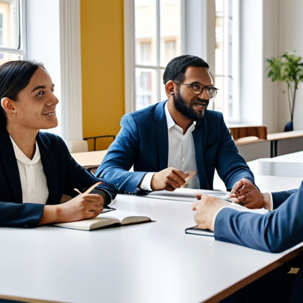 A diverse group of adult professionals engaged in a collaborative discussion. They are dressed in smart, professional business attire, fully clothed, modest clothing, appropriate attire. The scene is set in a bright, modern co-working space or an elegant cafe in a historic European city, with soft natural light coming through large windows. There are subtle hints of diverse cultural elements in the background, like a map or various language books on a shelf. They are standing around a table, actively listening and sharing ideas, with open and engaged expressions. One person is gesturing thoughtfully, while another is taking notes. The atmosphere is respectful and dynamic, highlighting effective intercultural communication. professional photography, high resolution, soft focus background, natural lighting, perfect anatomy, correct proportions, well-formed hands, proper finger count, natural body proportions, safe for work, appropriate content, fully clothed, professional dress, family-friendly.