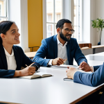 A diverse group of adult professionals engaged in a collaborative discussion. They are dressed in smart, professional business attire, fully clothed, modest clothing, appropriate attire. The scene is set in a bright, modern co-working space or an elegant cafe in a historic European city, with soft natural light coming through large windows. There are subtle hints of diverse cultural elements in the background, like a map or various language books on a shelf. They are standing around a table, actively listening and sharing ideas, with open and engaged expressions. One person is gesturing thoughtfully, while another is taking notes. The atmosphere is respectful and dynamic, highlighting effective intercultural communication. professional photography, high resolution, soft focus background, natural lighting, perfect anatomy, correct proportions, well-formed hands, proper finger count, natural body proportions, safe for work, appropriate content, fully clothed, professional dress, family-friendly.