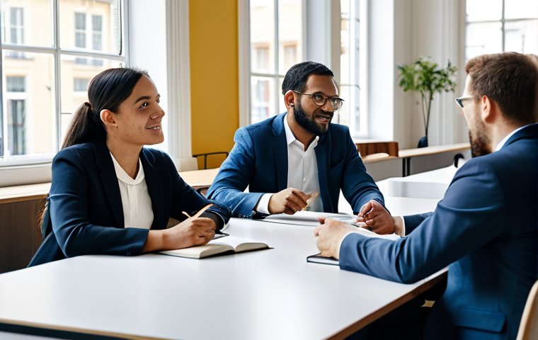 A diverse group of adult professionals engaged in a collaborative discussion. They are dressed in smart, professional business attire, fully clothed, modest clothing, appropriate attire. The scene is set in a bright, modern co-working space or an elegant cafe in a historic European city, with soft natural light coming through large windows. There are subtle hints of diverse cultural elements in the background, like a map or various language books on a shelf. They are standing around a table, actively listening and sharing ideas, with open and engaged expressions. One person is gesturing thoughtfully, while another is taking notes. The atmosphere is respectful and dynamic, highlighting effective intercultural communication. professional photography, high resolution, soft focus background, natural lighting, perfect anatomy, correct proportions, well-formed hands, proper finger count, natural body proportions, safe for work, appropriate content, fully clothed, professional dress, family-friendly.