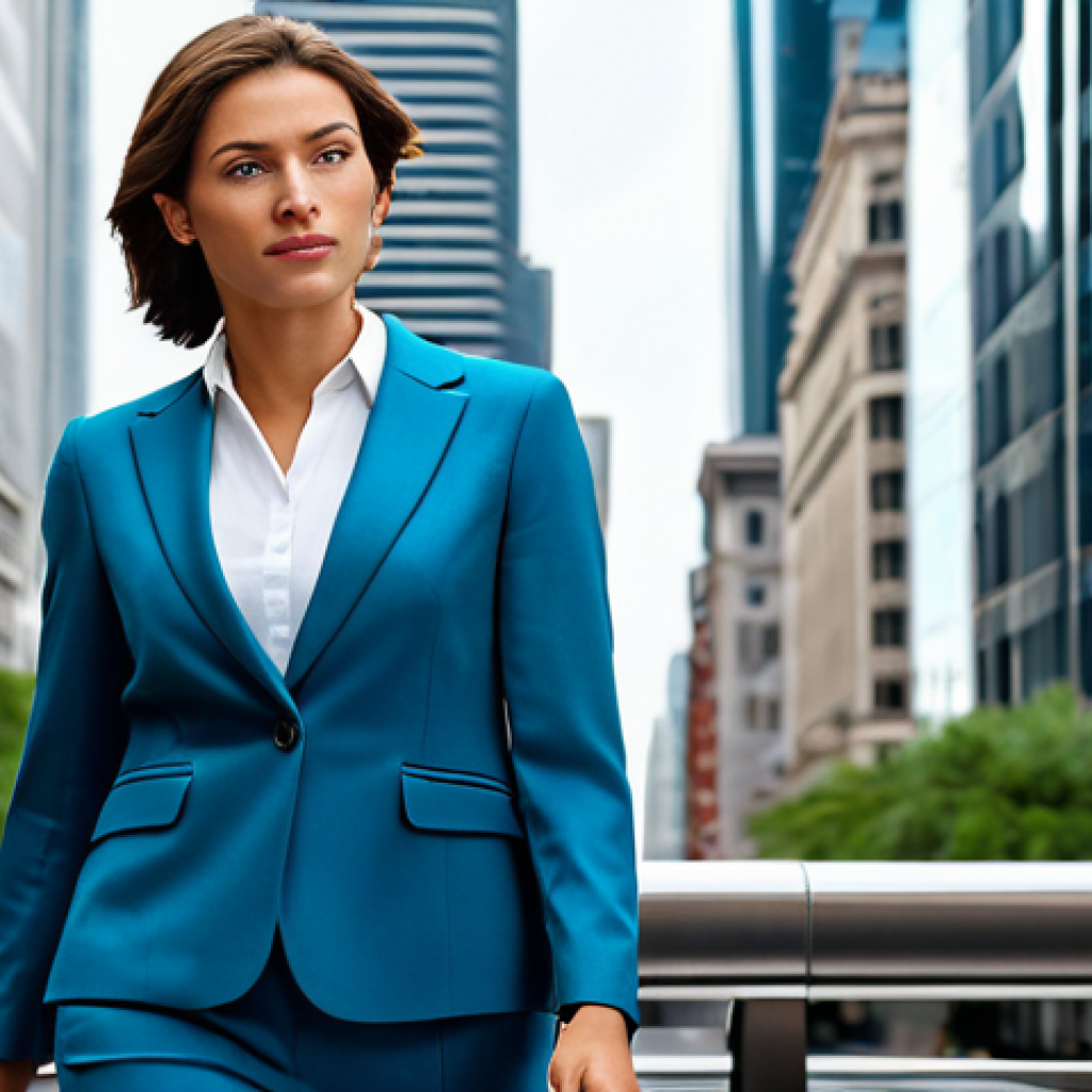 **

A determined businesswoman in a tailored, modest business suit, stands confidently in a bustling city center, skyscrapers in the background, fully clothed, appropriate attire, safe for work, perfect anatomy, natural proportions, professional photography, sharp focus, vibrant colors, professional, family-friendly.

**
