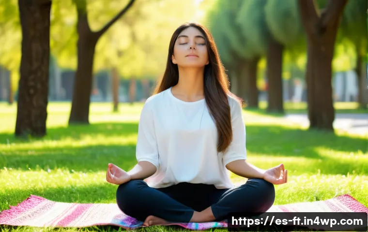 자아 한계 확장을 위한 새로운 가능성 탐구하기 - A serene scene of a young Hispanic woman practicing mindfulness meditation outdoors in a lush, sunli...
