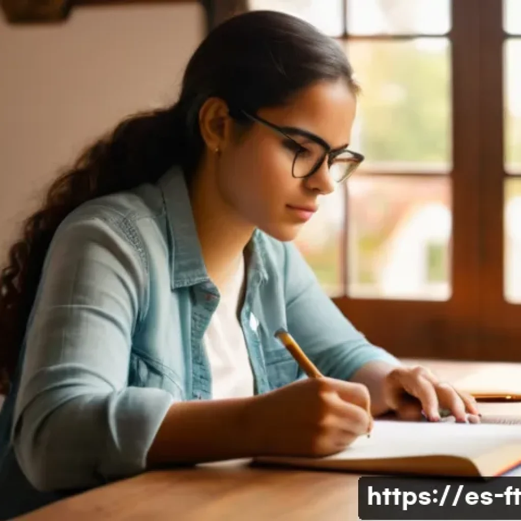 자아 한계 확장을 위한 스스로에 대한 질문 목록 - A thoughtful young Hispanic woman sitting at a cozy wooden desk in a warm, sunlit room filled with S...