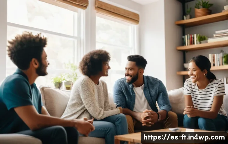 자아 한계 확장을 위한 다양한 피드백 수집 방법 - A warm, intimate scene of a diverse group of close friends and family members sitting in a cozy livi...