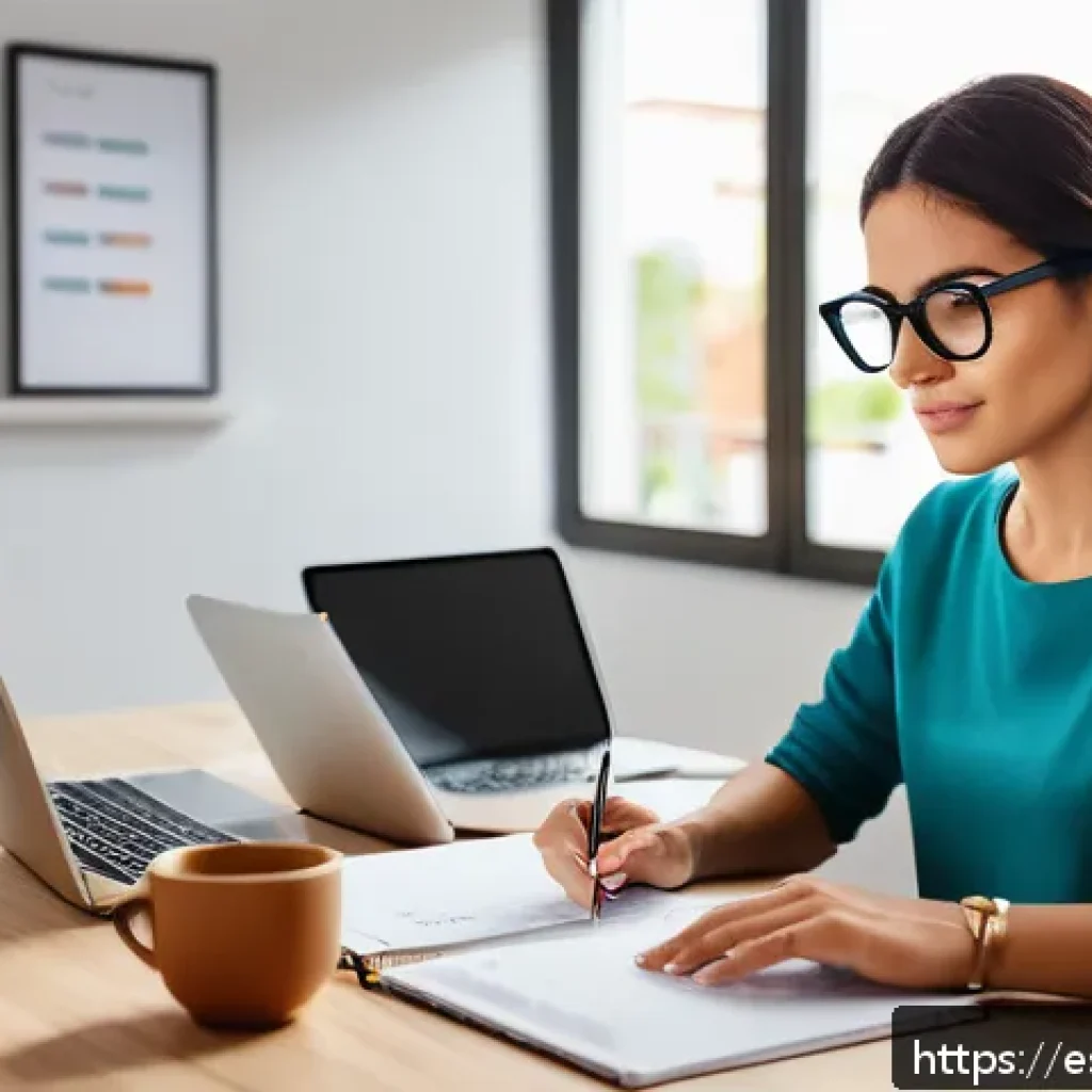 자아 한계 확장을 위한 효과적인 시간 관리 기법 - A modern home office setting in a bright morning light, showing a focused young professional sitting...