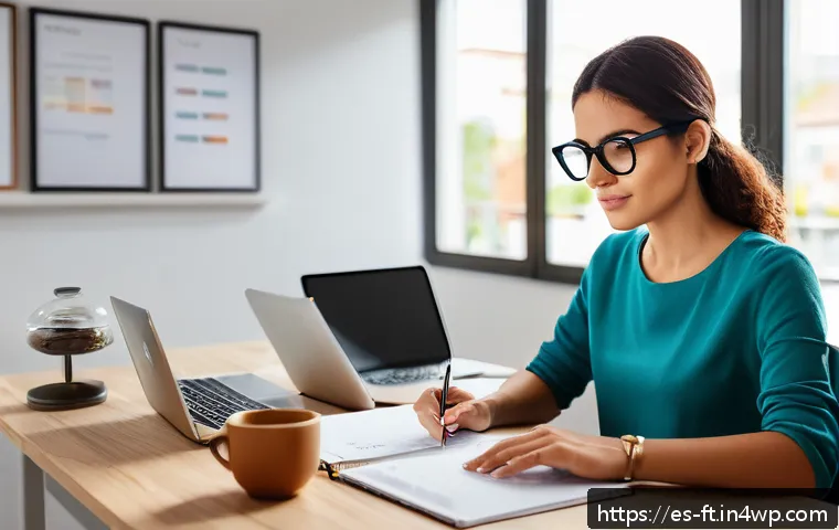 자아 한계 확장을 위한 효과적인 시간 관리 기법 - A modern home office setting in a bright morning light, showing a focused young professional sitting...