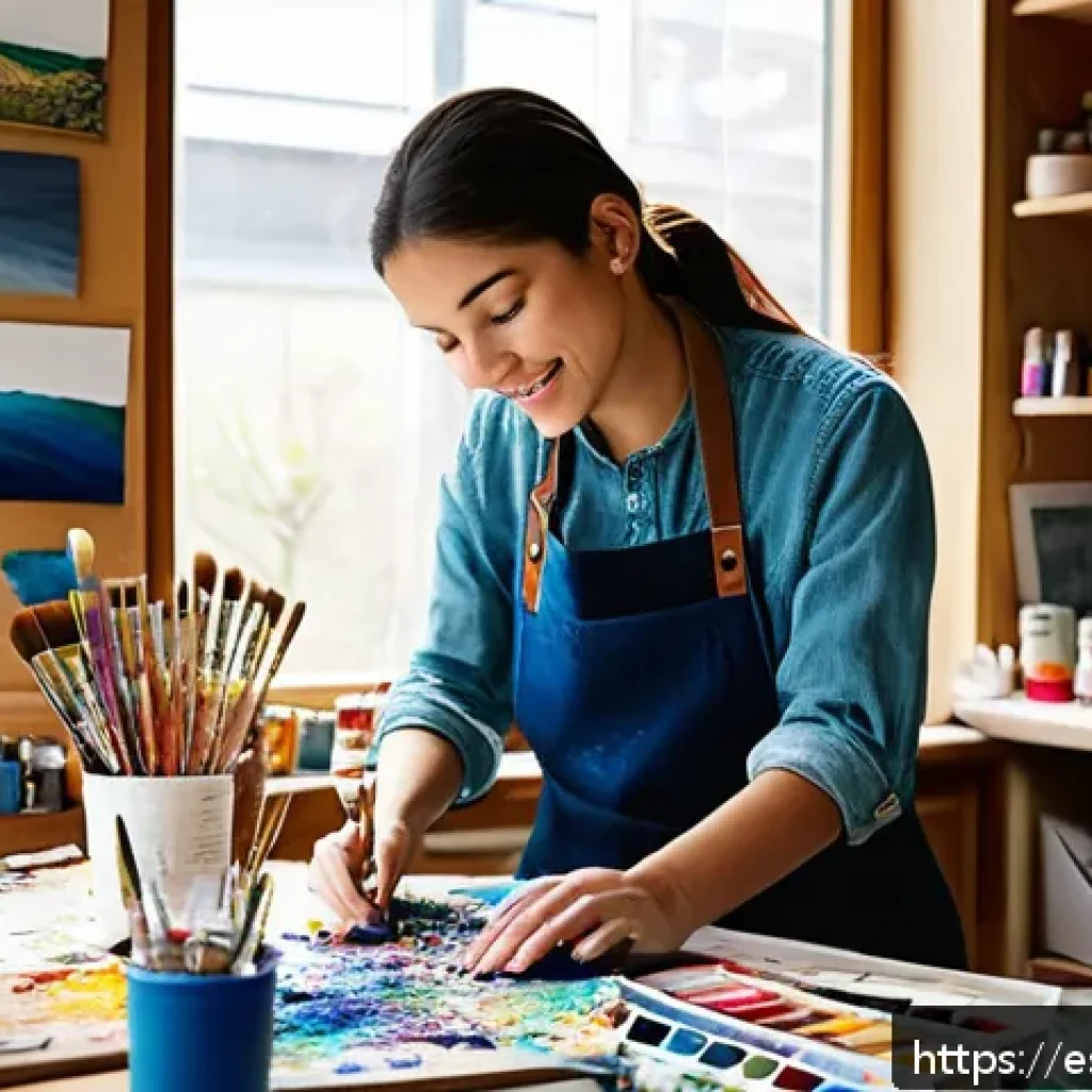 자아 한계 확장을 위한 새로운 취미 시작하기 - A bright and inspiring art studio scene featuring a young adult artist experimenting with mixed medi...