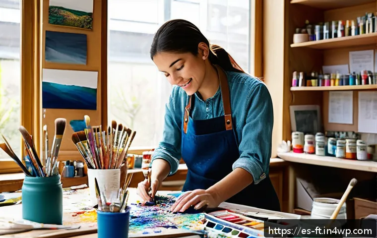 자아 한계 확장을 위한 새로운 취미 시작하기 - A bright and inspiring art studio scene featuring a young adult artist experimenting with mixed medi...