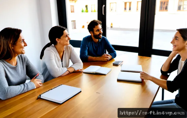 Home 17 자아 한계 확장을 위한 다양한 멘토링 방법 - Photorealistic mentoring session in a bright Barcelona coworking space, a confident middle-aged Span...